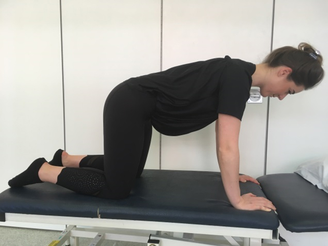 Woman kneeling on all fours demonstrating lower tummy muscle exercise