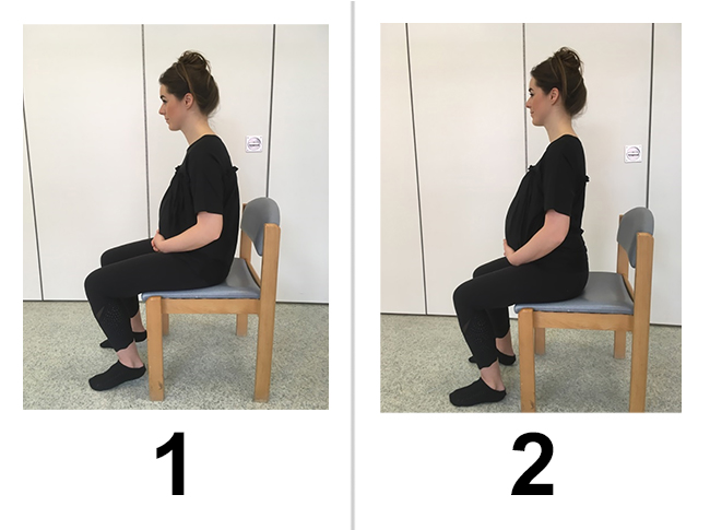 Woman sitting on a chair slightly slumped and then woman sitting on a chair with a straight back to demonstrate pelvic tilt exercise